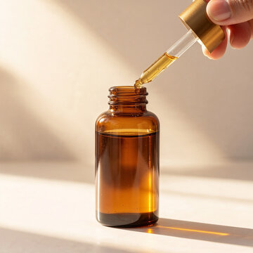 Amber glass cosmetic bottle glowing in warm golden-hour sunlight, glass pipette releasing serum droplet, elegant minimal background, luxury skincare advertising, premium product photography, soft cine