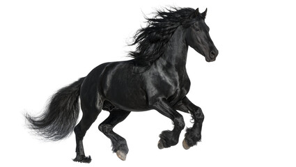 Majestic black Friesian horse galloping with flowing mane and tail, isolated on transparent background © Sorin