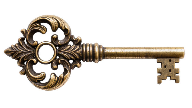 Antique ornate brass skeleton key with decorative scrollwork, isolated on transparent background