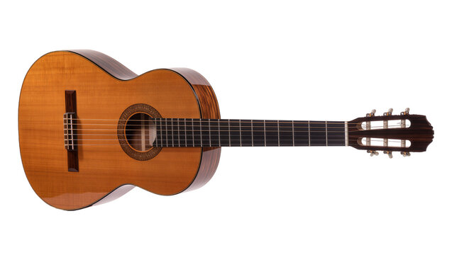 Acoustic classical guitar with six strings polished wood body, isolated on transparent background