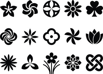 Obraz premium Flower and floral ornament set with black silhouette nature symbols for decorative design and organic branding concepts.