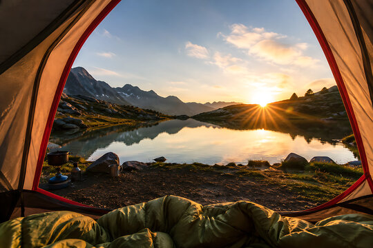 Tent interior looking at sunrise over mountain lake