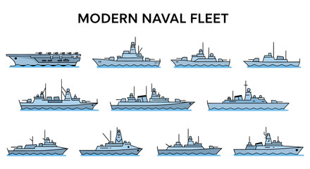 A collection of twelve stylized lineart illustrations of modern warships arranged in a threerow grid © Faisal