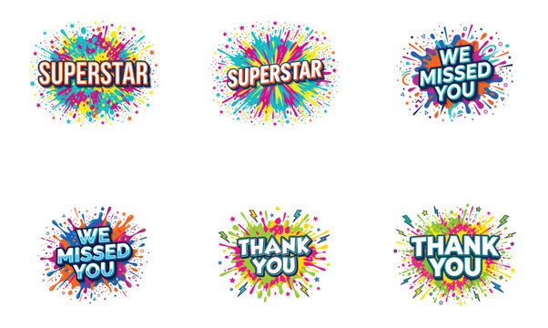 Colorful ink splash stickers with positive text messages splatter colorful