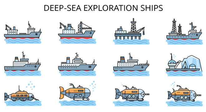 A collection of twelve flat vector icons depicting various deepsea exploration vessels submarines and offshore platforms on blue waves