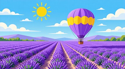 Fototapeta premium Hot air balloon flies over blooming purple lavender field under bright yellow sun. Colorful aircraft floats above summer landscape with blue sky. Scenic nature view features violet flowers in rows.