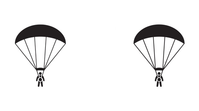 Black silhouette icons of parachuters in mid air with open parachutes on white background
