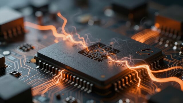 Close-up of powerful computer CPU microchip with glowing orange electricity sparks and lightning energy surges on a high-tech circuit board motherboard, digital data flow concept
