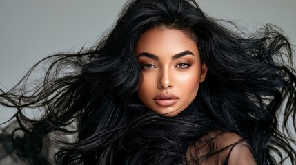 Naklejka premium Elegant portrait of a woman with flowing black hair and striking makeup