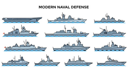 An array of twelve stylized flatdesign illustrations of modern naval warships sailing on blue wavy water © Faisal
