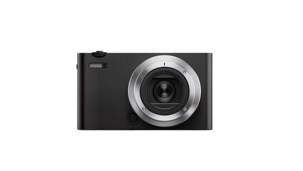 Naklejka premium Modern black digital camera with silver lens ring, isolated on transparent background