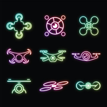 Quadcopter technology and drone sign vectors with colorful neon gradient glowing line art on black background
