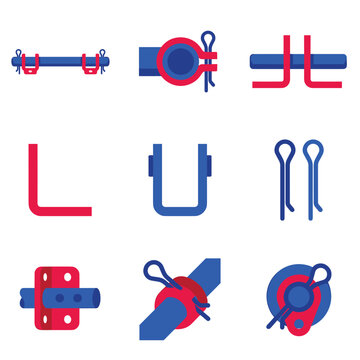 Set of engineering fastener icons, including clevis pins, split pins, and securing clips, in blue and red, representing mechanical connections and safety