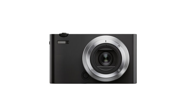 Modern black digital camera with silver lens ring, isolated on transparent background