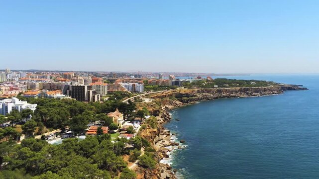 Aerial view over Cascais coast at a sunny day, Portugal. Frone shot 50 fps
