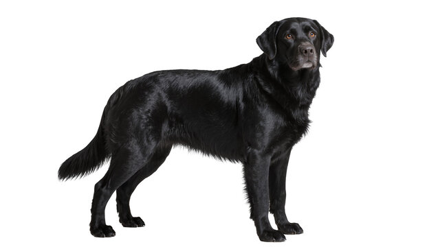 Majestic black Labrador Retriever dog standing attentively, isolated on transparent background