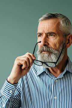 Mature man with grey beard and white hair holds glasses near mouth. He looks away thoughtfully, pondering life questions with serious expression. This portrait conveys wisdom and quiet contemplation.