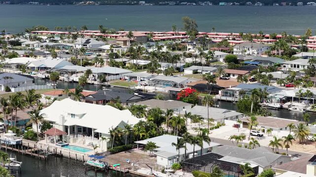 Waterfront canal homes line quiet street in Bradenton, Florida, USA, with private boat docks, backyard pools, luxury homes, tall palm trees, distant barrier island shoreline. Aerial drone wide shot