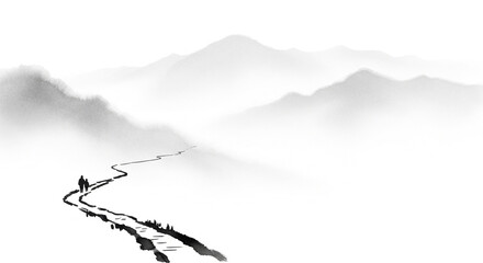 Fototapeta premium Traditional Chinese ink wash landscape painting with two figures walking on a winding path through misty mountains
