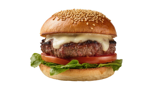 Juicy beef burger with melted cheese tomato and lettuce, isolated on transparent background