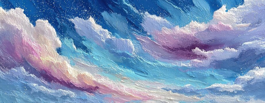 Ethereal Cloudscape Painting with Heavy Impasto Texture. Abstract panoramic background of dreamy pastel clouds against a deep blue starry sky. Artistic spiritual concept.