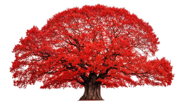 Vibrant red maple tree with dense foliage, isolated on transparent background