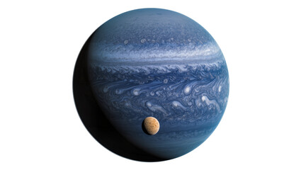 Blue gas giant planet with swirling clouds and a small moon, isolated on transparent background © Corotaev