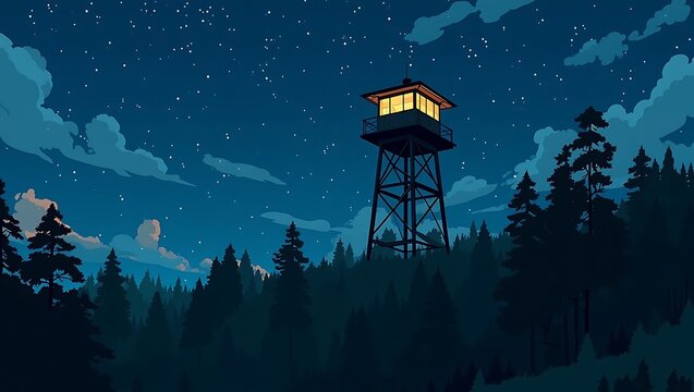 A serene fire watchtower illuminated at night in a dense forest with starry night sky