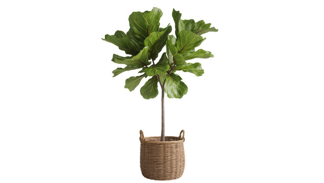 Fiddle leaf fig plant in woven basket, isolated on transparent background