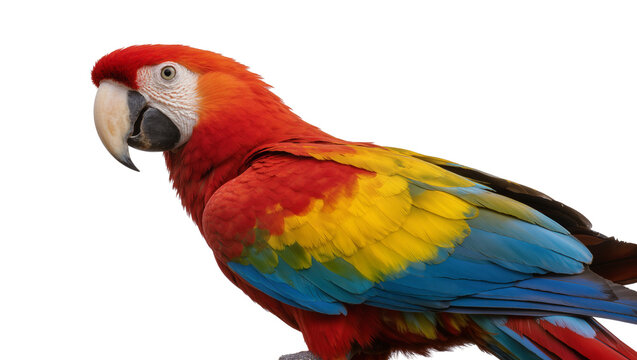 Vibrant scarlet macaw parrot with red yellow and blue plumage, isolated on transparent background