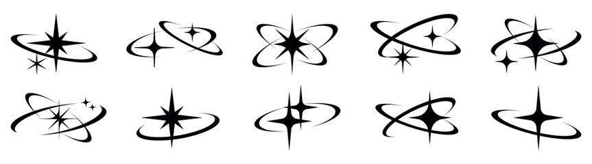 Fototapeta na wymiar Abstract black vector starburst icons and orbital swirls on white background.