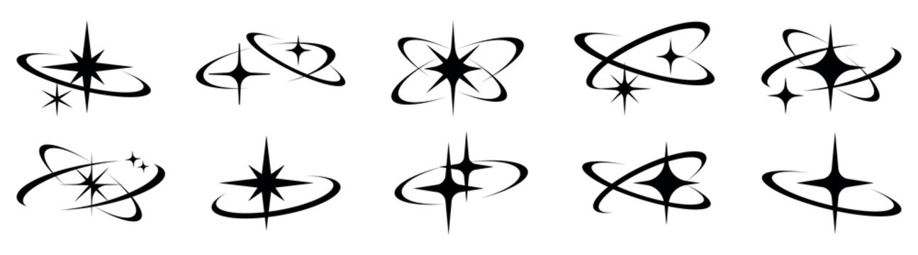 Abstract black vector starburst icons and orbital swirls on white background.