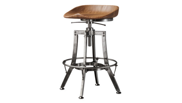 Adjustable industrial bar stool with wooden seat and metal base, isolated on transparent background