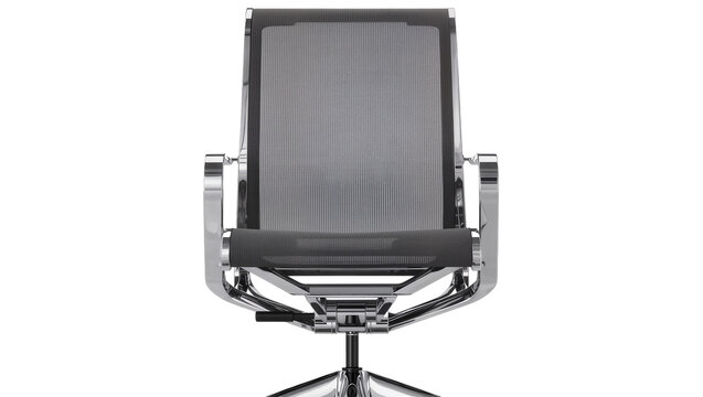 Modern office chair with chrome frame and black mesh seat, isolated on transparent background