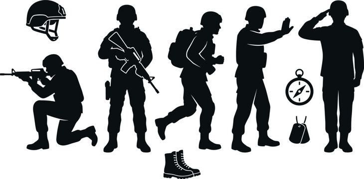 Military Soldier Silhouette Vector Set Featuring Combat Infantry Positions, Aiming, Guarding, Running, Saluting, Tactical Helmet, Compass, Boots, and Dog Tags