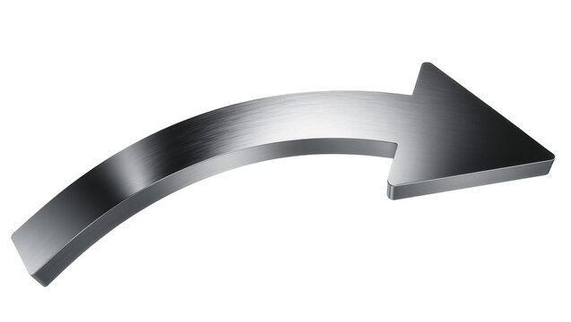 Curved metallic arrow pointing right, isolated on transparent background