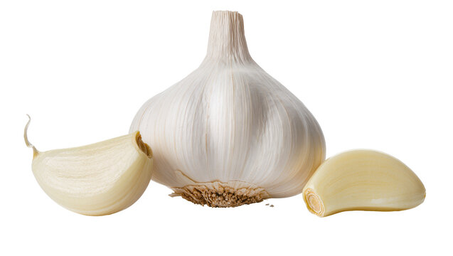 Whole garlic bulb with two peeled cloves, isolated on transparent background