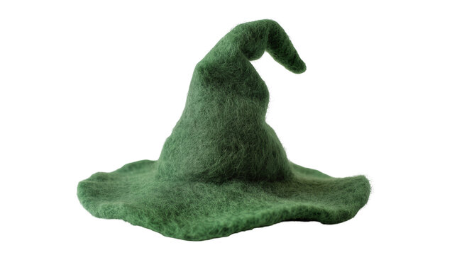 Green felt witch hat with pointed crown, isolated on transparent background