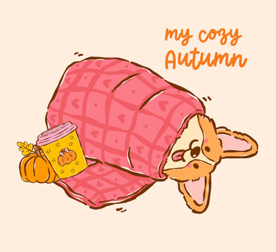 Cozy Happy Corgi Autumn Fall rolled in blanket Cute Dog Cartoon Hand Drawn Character, Playful Derpy Whimsical Welsh Corgi Seasonal Pet Illustration