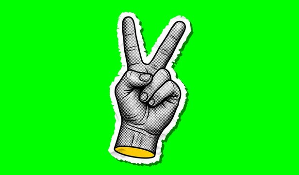 Vintage Halftone Horizontal Fist Gesture on Green Screen Retro Punching Sign Chroma Key Loop
