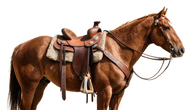 Brown horse with western saddle and bridle, isolated on transparent background