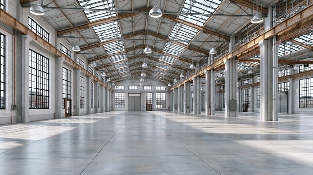 A large, empty warehouse with a high ceiling and many windows letting in natural light