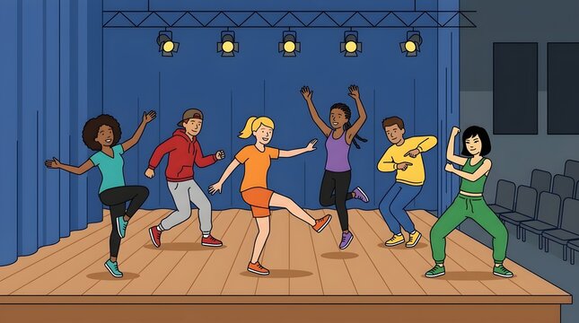 Diverse group of students practicing dance choreography together on a school stage during performing arts rehearsal. Colorful educational illustration featuring teamwork, creativity, movement, and ext