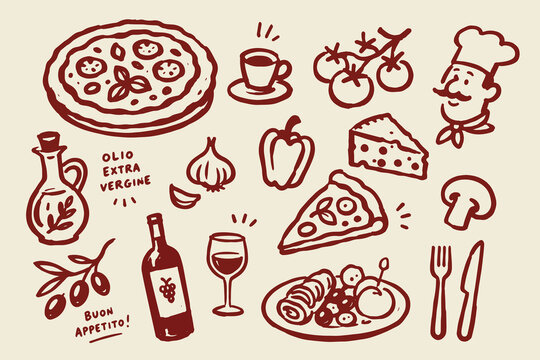 Pizza and Italian Food Doodle Set Hand Drawn Vector Illustration