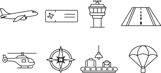 Fototapeta premium Minimalist aviation icon set, 8 thin line airport symbols, black and white flight and travel vector elements for mobile apps and web design