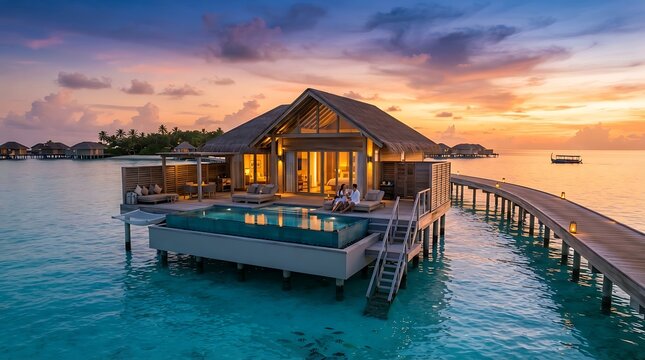 Luxury overwater bungalow at sunset with warm lighting. Exclusive tropical resort villa on stilts above turquoise lagoon.