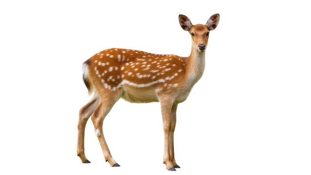 Spotted Sika deer fawn standing alert, isolated on transparent background