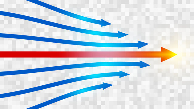 Leadership arrow business strategy direction and market alignment with red and blue arrows moving forward toward a central corporate success goal on gray background