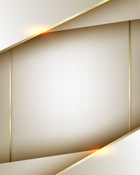 Luxury abstract background with geometric diagonal panels in white and soft beige tones elegant metallic gold lines and 3D depth effect, modern premium branding