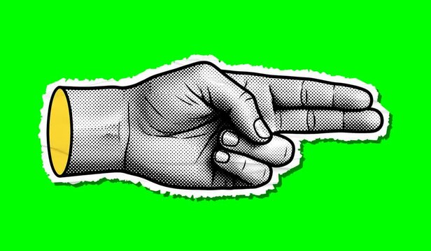 Vintage Halftone Flat Hand Gesture on Green Screen Retro Four Fingers Folded Thumb Chroma Key Loop